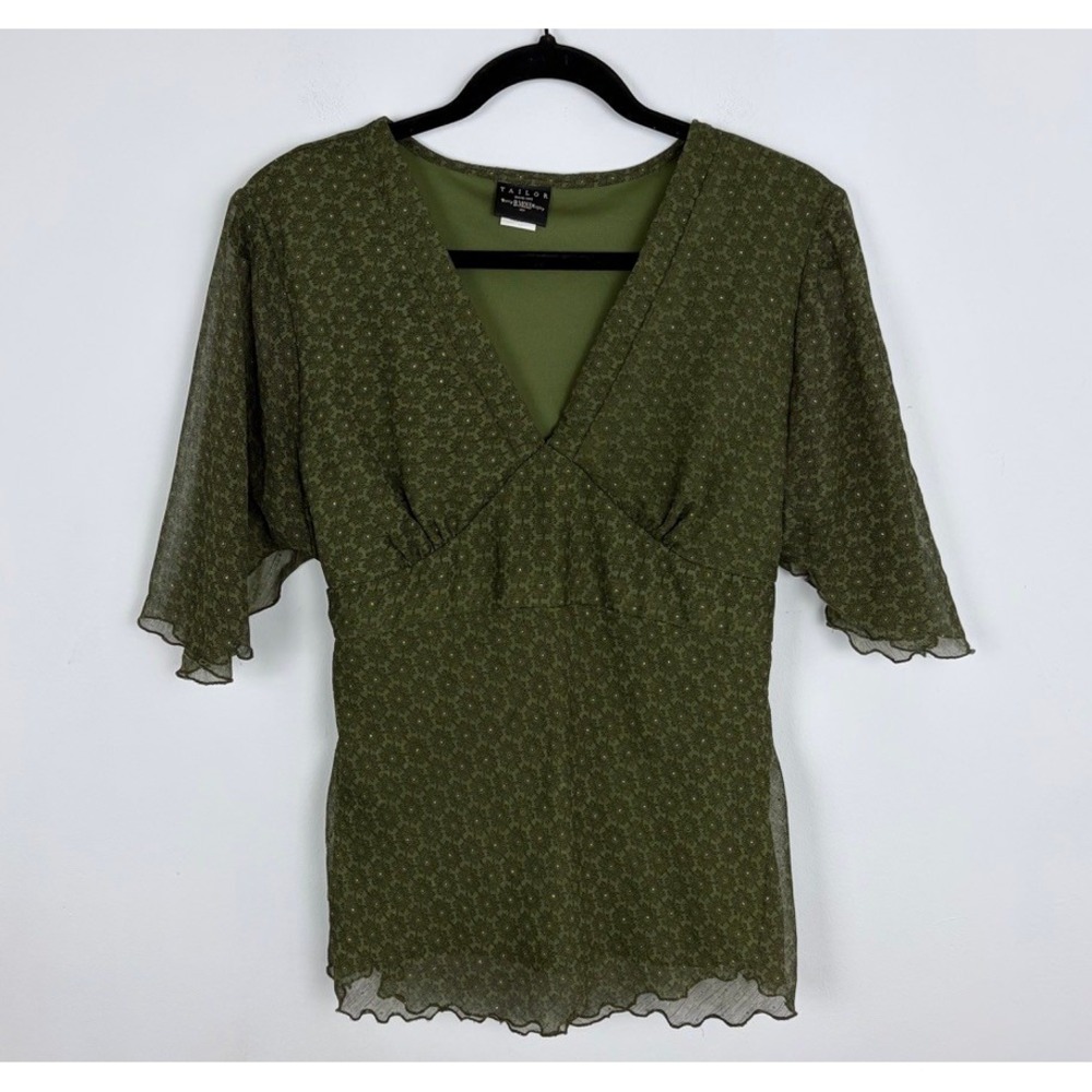 Tailor B. Moss Y2K Babydoll Blouse Sheer Mesh Flutter Sleeve Green Fairy Medium